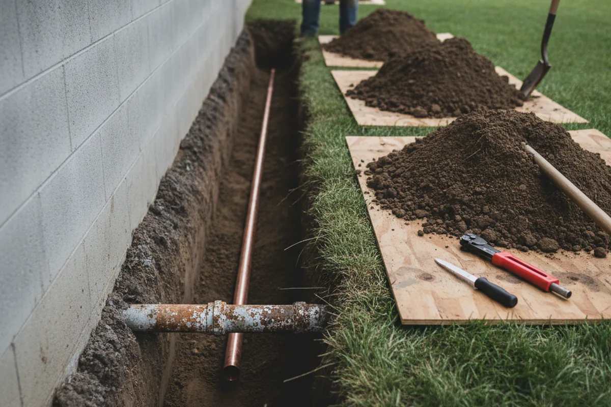 Excavated water line trench during Water Softener Installation in Hillsdale